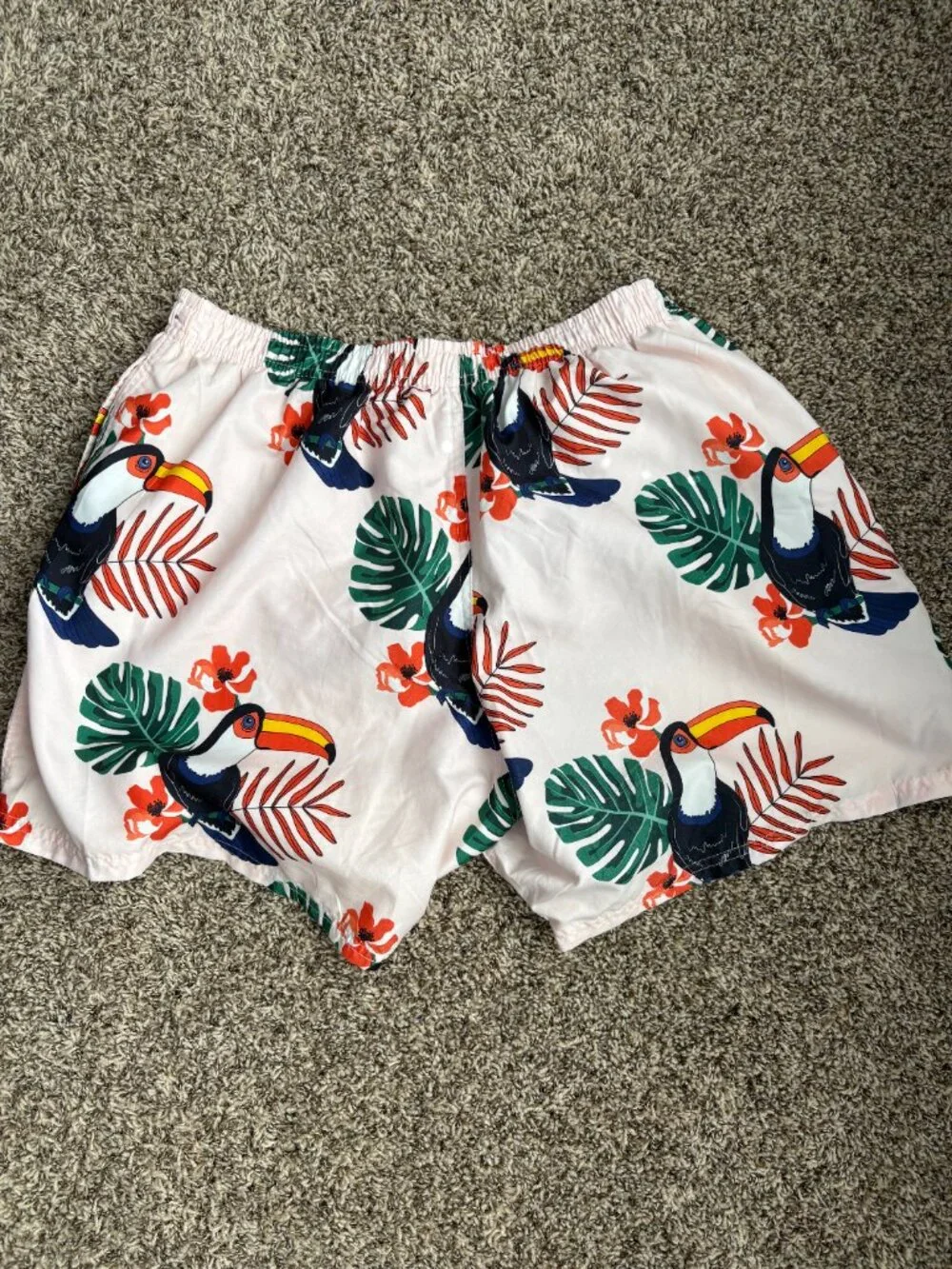 Uzzi XL Toucan Tropical Swim Trunks White Beach Vacation Swim Shorts
